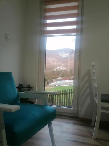 a room with a chair and a window with a view at Apartmani Ružina staza in Rudnik Kačerski