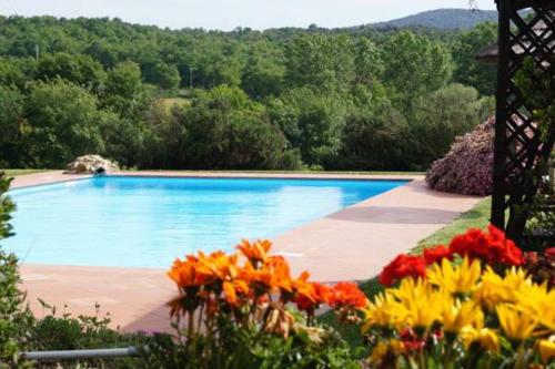 a swimming pool with flowers in front of it at Agriturismo Bonzalone in Montiano