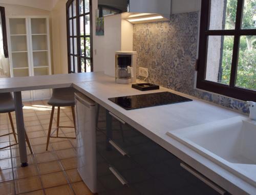 une cuisine avec un comptoir et un évier dans l'établissement Eucalyptus, calme entouré de verdure et près de la mer, à Saint-Aygulf