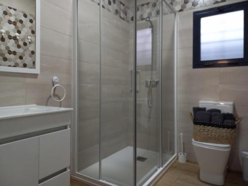 uma casa de banho com um chuveiro e um WC e uma televisão em Casa Rosalinda em Conil de la Frontera