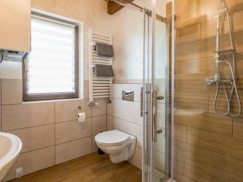 a bathroom with a toilet and a shower and a sink at Domek Orawski in Zubrzyca Dolna