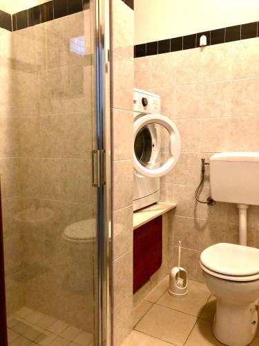 a bathroom with a shower with a toilet and a washer at Apartment Nina in Tergu