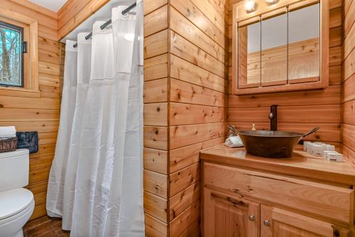 a wooden bathroom with a toilet and a sink at Woodland Cabin Retreat in Lake Harmony