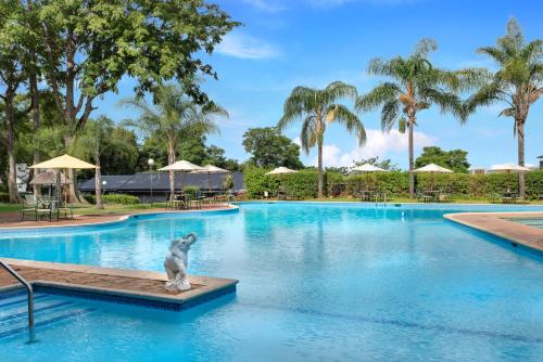 uma estátua de um macaco sentado no meio de uma piscina em ANEW Resort Hunters Rest Rustenburg em Rustenburg