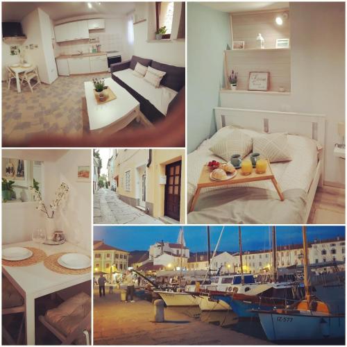 un collage de photos d'une chambre avec un bateau dans l'établissement Apartma Seaya, à Izola