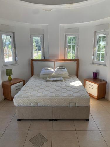 a bedroom with a large bed and two windows at Belek Villa in Belek