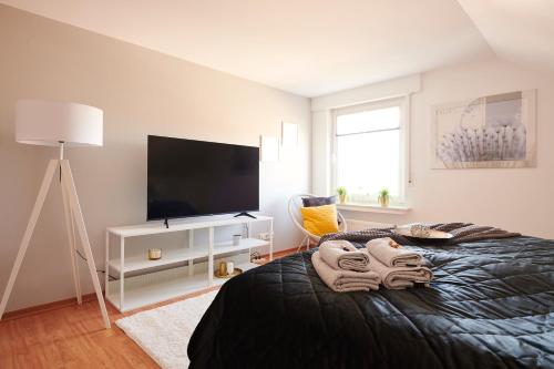 a bedroom with a bed and a flat screen tv at Lichtdurchflutende Wohnoase-Stilvoll-ruhig-Parkplatz-Self Check-Langzeit-5 Personen in Paderborn