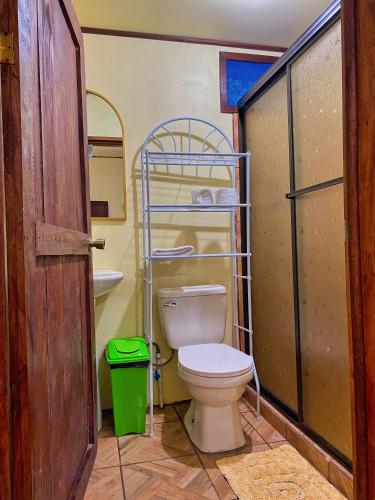 a bathroom with a white toilet and a sink at Princesa de la Luna Ecolodge in Fortuna