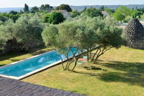 - une piscine dans une cour plantée d'oliviers dans l'établissement Magnifique Villa Uzès avec Piscine, à Uzès