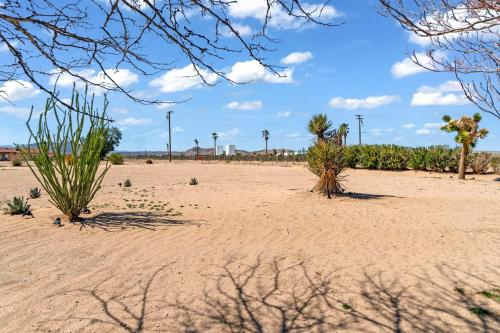 a desert with palm trees and plants on a beach at The Castle House Estate in Joshua Tree
