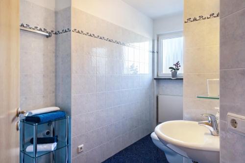 La salle de bains est pourvue d'un lavabo et de toilettes. dans l'établissement Valtlhof - Apt 1, à Cornaiano
