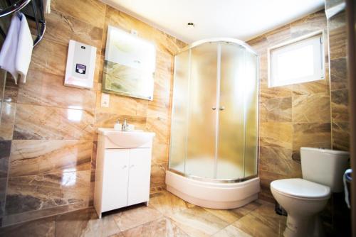 a bathroom with a shower and a toilet and a sink at CZARDASZ in Krasnobród