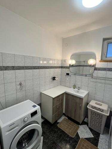 ein Badezimmer mit einer Waschmaschine und einem Waschbecken in der Unterkunft Négy Évszak Vendégház Nyúl in Nyúl