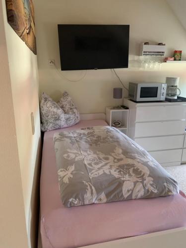 a small bedroom with a bed and a flat screen tv at Apartment am Goethe Park in Jena