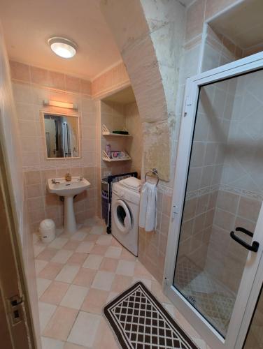 沙拉的住宿－Charming rustic getaway in Xaghra, Gozo.，带淋浴、卫生间和盥洗盆的浴室