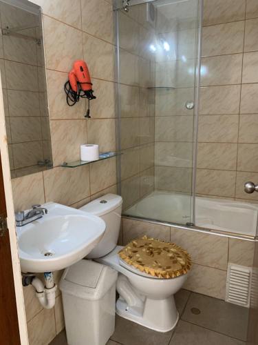 e bagno con servizi igienici, lavandino e doccia. di Apartment 03 dormitorios San Miguel a Lima