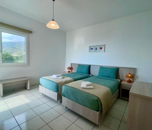 um quarto com 2 camas e uma janela em villa hena em Batsi