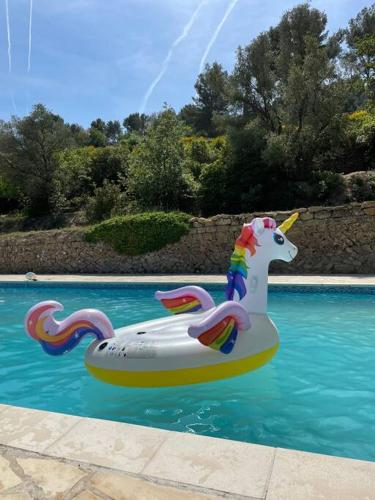 un flotteur de maïs dans l'eau de la piscine dans l'établissement Olivya, au Beausset