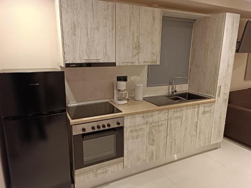 a kitchen with wooden cabinets and a black refrigerator at Newly renovated apartment next to the port in Corfu Town