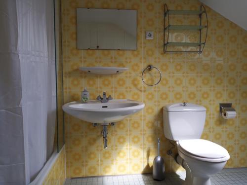 uma casa de banho com um lavatório, um WC e um espelho. em ZumLeroy em Völklingen