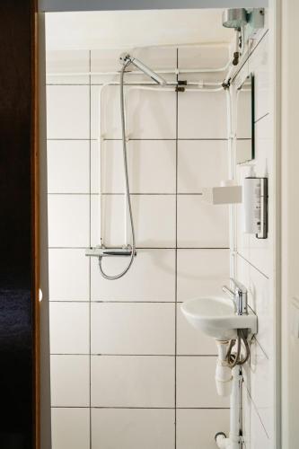 a bathroom with a sink and a shower at Botel Maastricht in Maastricht