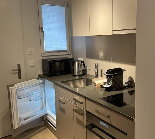 a small kitchen with a sink and a microwave at Seven Swiss Wonders, City Center in Zurich