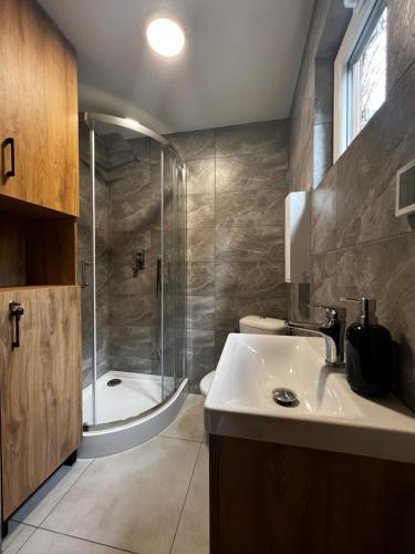 een badkamer met een douche, een wastafel en een bad bij Bacówka na Leśnej in Po”łwieś