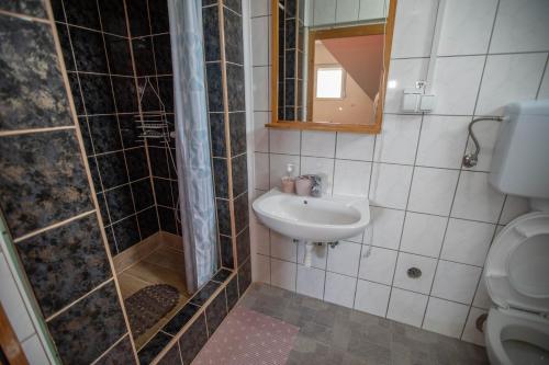 a bathroom with a sink and a shower and a toilet at Apartmani Lazić in Ribarska Banja