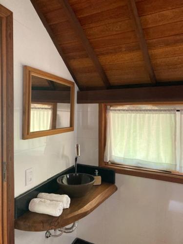 a bathroom with a sink and a mirror at Pousada. Espatódea in Petrópolis