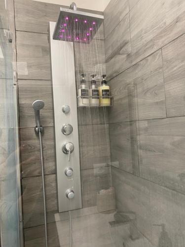 a shower with a glass door with two bottles at Appartamento Benaco a Milano - Fondazione Prada in Milan