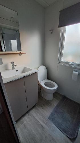 ein Bad mit einem WC, einem Waschbecken und einem Fenster in der Unterkunft Mobile Home Climatisé 3 chambres à Narbonne Plage in Narbonne-Plage