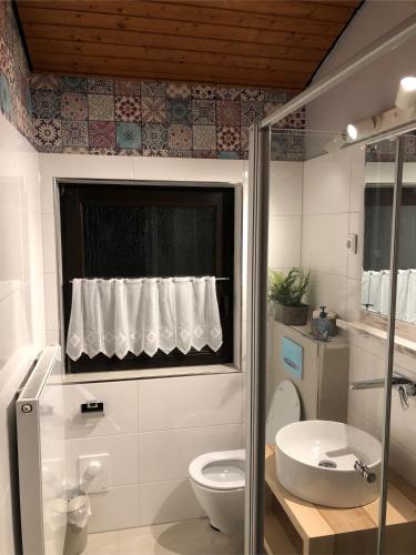 a bathroom with a toilet and a sink and a window at H5 Haus Schwalbennest Kaminofen WLAN in Butjadingen