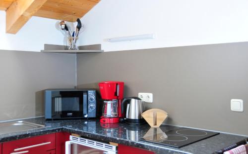 a kitchen counter with a microwave and a coffee maker at Ferienwohnungen Wendelstein in Bad Feilnbach