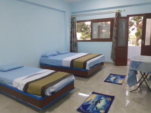 a bedroom with two beds and a window at Nile Roof Hotel& Restaurant in Luxor