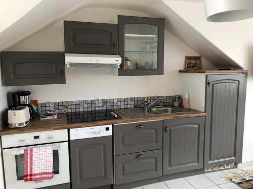 a kitchen with gray cabinets and a sink at Appartement vue sur Mer in Plérin