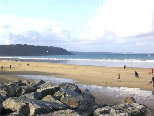 a group of people on a beach with a dog at Appartement vue sur Mer in Plérin