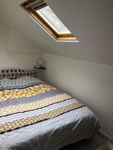 um quarto com uma cama e uma clarabóia em Appartement vue sur Mer em Plérin