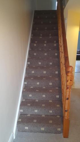 a stairway with a brown carpet and a wooden rail at Hawthorn Walk in Kilkenny