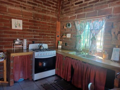 uma cozinha com um fogão e um lavatório em CABAÑA LA GRULLA em Santa Verónica