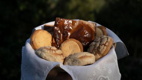 a person holding a bowl of cookies and pastries at Cabaña en cafetal de Coatepec in Coatepec