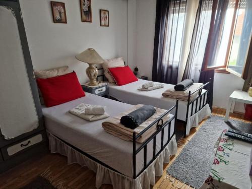 two beds in a bedroom with red pillows at Noa.s Pansion 88 in Vrnjačka Banja