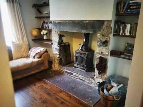 a living room with a couch and a fireplace at Snowdon Cottage in Dinorwic