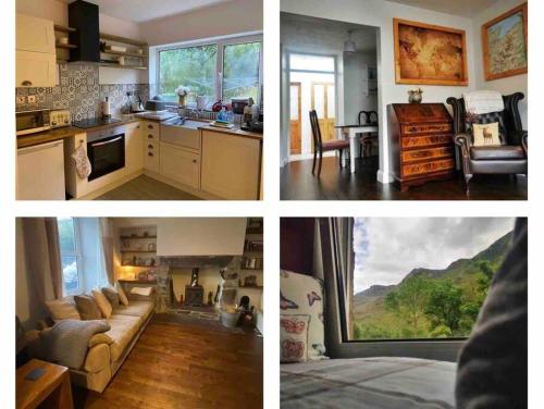 three pictures of a kitchen and a living room at Snowdon Cottage in Dinorwic