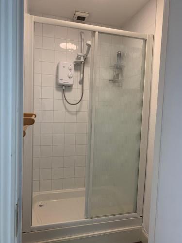 a shower with a glass door in a bathroom at The Eden Suite Private Room in Dublin