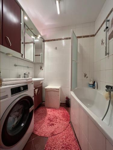 y baño con lavadora y bañera. en Apartament Acasa en Spielberg