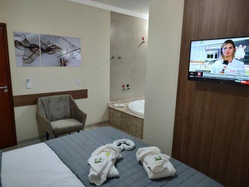 a hotel room with a bed and a flat screen tv at Hotel Vale Do Ivinhema in Bataiporã