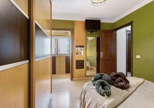 ein Schlafzimmer mit grünen Wänden und ein Bett in einem Zimmer in der Unterkunft Estancia frente al Estadio y Ramblas in Santa Cruz de Tenerife