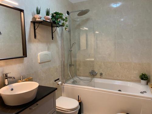 een badkamer met een douche, een wastafel en een toilet bij AGM Suite Rome Airport Leonardo in Fiumicino