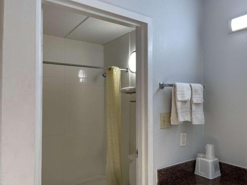 baño con ducha y puerta de cristal en Motel 6 Stockbridge GA Hwy 138 W, en Stockbridge