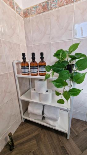 a shelf with three bottles of soap and a plant at Spacious & comfy Home- very close to NEC Birmingham ,HS2 & Airport- Perfect for contractors & groups- free parking & Fast WiFi in Marston Green